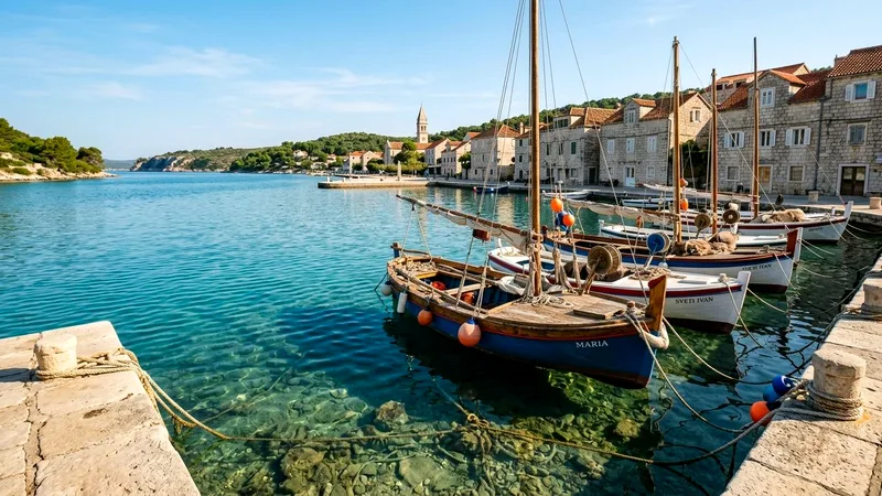 Traditional wooden fishing boats moored in clear water at Milna harbor.