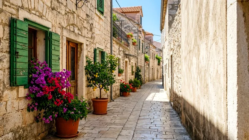 Narrow limestone lane in Supetar with shutters, flowers and a lemon tree.