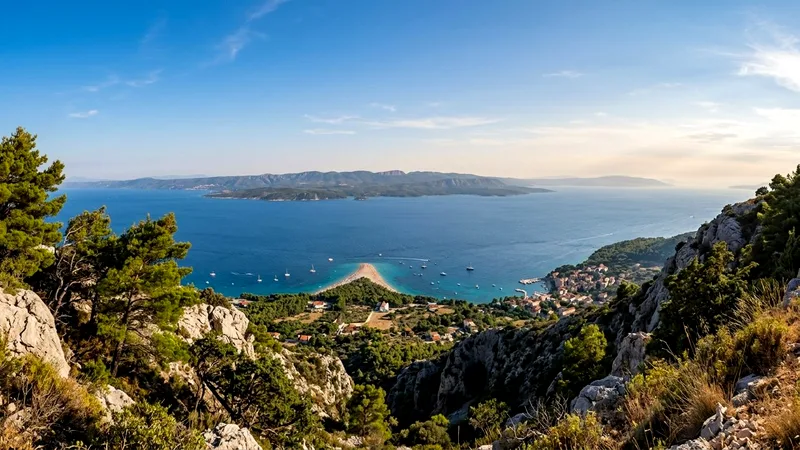 View from Vidova Gora over Bol, Zlatni Rat and Hvar across the sea.
