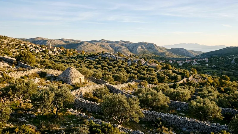 Olive groves and dry-stone walls across hilly Brač countryside at morning.