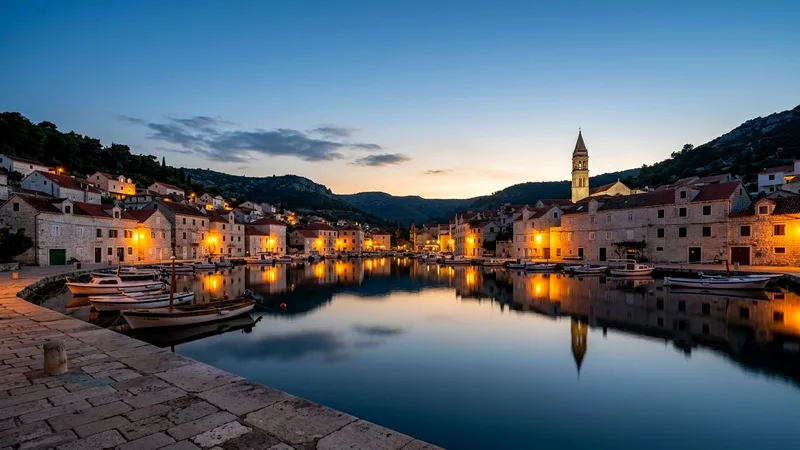 White stone houses of Pučišća reflected in a calm harbor at dusk.
