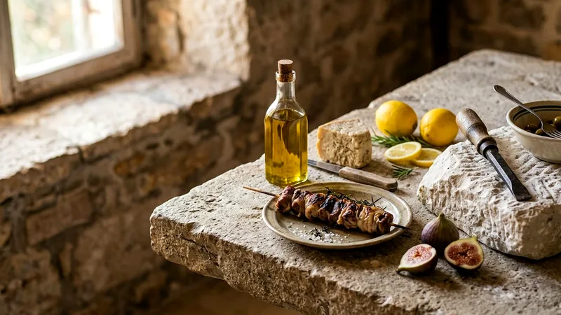Olive oil, cheese, figs and lemons beside carved Brač stone and chisel.